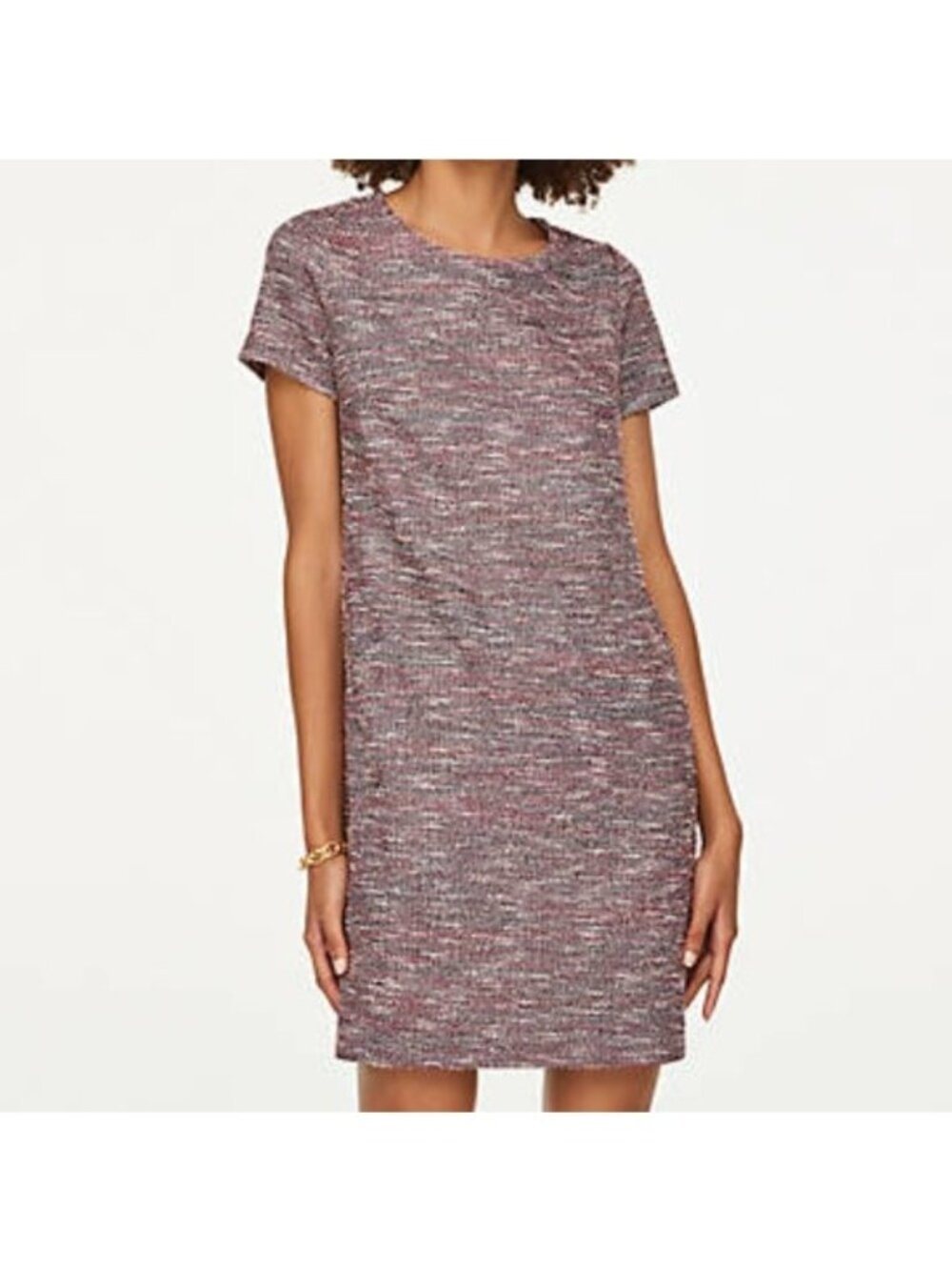 LOFT Red Black Shimmer Boucle Tweed Shift Dress Short Sleeves Size LP Petite
